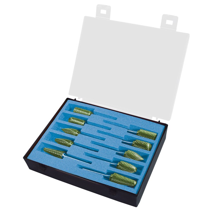 Rotary Burrs kit, Diameter 10+12mm, 6mm Shank, HP3 Pro Cut, Green-tec Coated