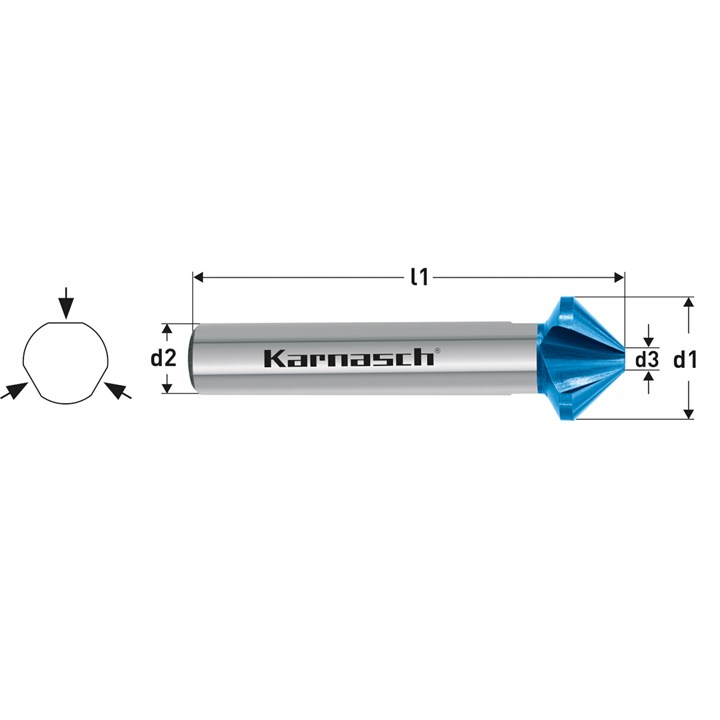 HSS-XE + BLUE-TEC beschichteter Kegelsenker, Ungleichteilung, DIN 335 Form C 90 Grad, 3-Flächen-Schaft