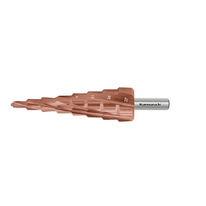 KARNASCH Step drill HSS-XE, POWERCUT10 PRO Titan-Tec coated Spiral fluted - 4 cutting 6-27mm