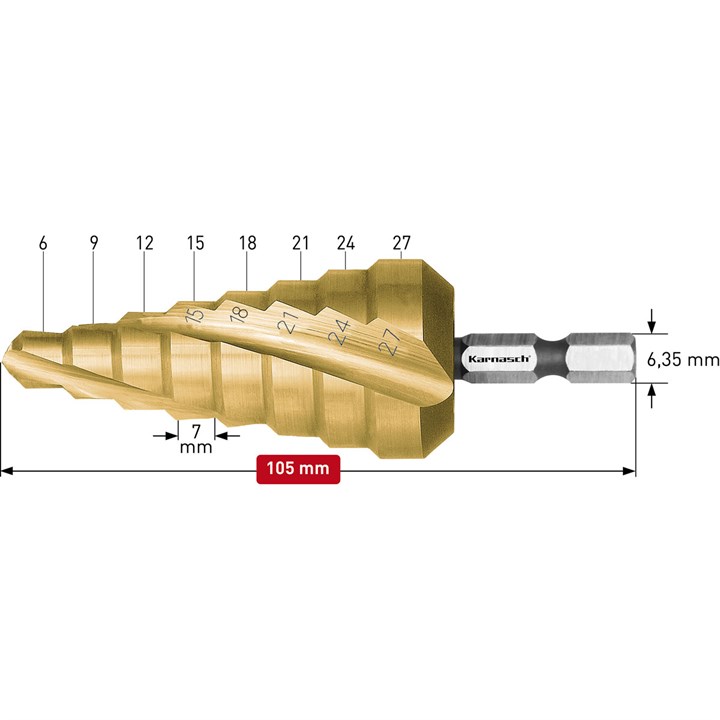 STUFENBOHRER HSS-XE Stahl + TiN-GOLD-beschichtet MIT BITAUFNAHME, 6-27mm