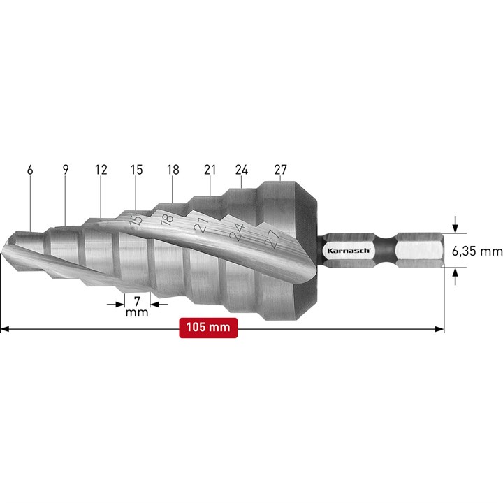 Step drills HSS-XE with impact shank, Diameters 6-27mm