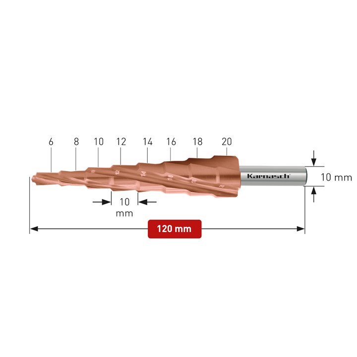 Stufenbohrer HSS-XE, POWERCUT10 PRO Titan-Tec beschichtet Spiral genutet - 4 Schneiden 6-20mm